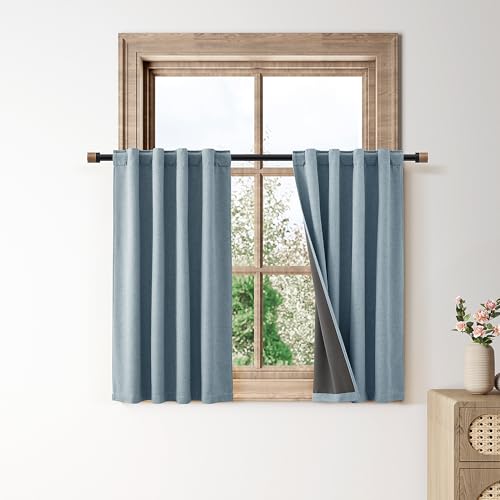 100% Blackout Kitchen Linen Curtains Back Tab Pleated Small Drape 36 Inch Length Privacy Thermal Insulated Elegant Mini Cafe Curtain for Rustic Farmhouse Bathroom Bedroom Blue 26x36 - color: Blue, size: 26"W x 36"L (Pack of 2)
