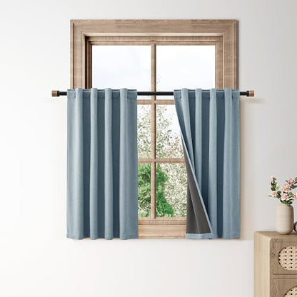 100% Blackout Kitchen Linen Curtains Back Tab Pleated Small Drape 36 Inch Length Privacy Thermal Insulated Elegant Mini Cafe Curtain for Rustic Farmhouse Bathroom Bedroom Blue 26x36 - color: Blue, size: 26"W x 36"L (Pack of 2)