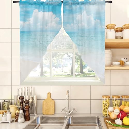 zokyer Short Coastal Swag Curtains, Beach Theme, 28" W x 36" L, Rod Pocket | 2 Panels, Hawaiian Tropical Nautical Seascape, S-ummer Blue Sea Sky Ocean Landscape, Sand Small Mini Kitchen Drapes Decor - size: 28"W x 36"L (Pack of 2)