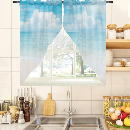 zokyer Short Coastal Swag Curtains, Beach Theme, 28" W x 36" L, Rod Pocket | 2 Panels, Hawaiian Tropical Nautical Seascape, S-ummer Blue Sea Sky Ocean Landscape, Sand Small Mini Kitchen Drapes Decor - size: 28"W x 36"L (Pack of 2)