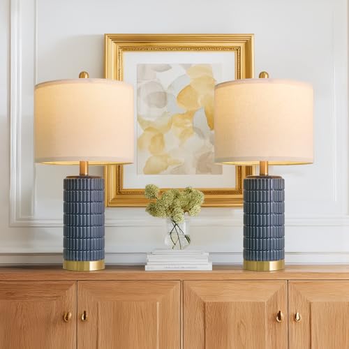 PoKat 21.5'' Bedside Table Lamps Set of 2 with USB A+C Ports for Living Room, Ceramic Modern Lamps for Bedroom, Small Nightstand Lamps for Office Guest Room Hallway Sideboard Gift Decor (Blue) - color: Blue and Gold