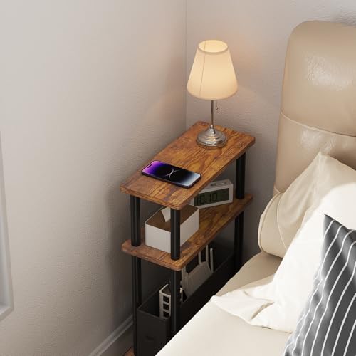 Apicizon Narrow Side Table with Fabric Basket, 3-Tier End Table,Brown Black | Sofa Side Table, Wood Storage Shelf, Slim Nightstand, Skinny Bedside Table for Narrow Spaces, Living Room, Bedroom - color: Rustic Brown and Black, style: Narrow Side Table with