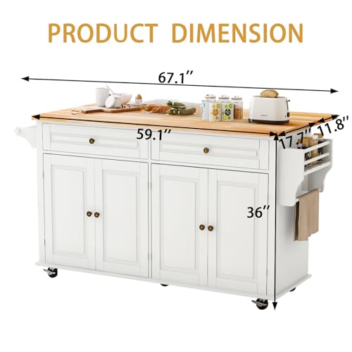 Kitchen Island Cart with Wood Top and Drop Leaf, Rolling Kitchen Island Table on Wheels with Drawer, Storage Cabinet, Spice Rack and Towel Rack for Dining Room, White - size: 67.1" W, style: White