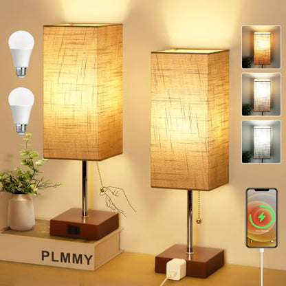PLMMY Bedside Table Lamp for Bedroom Nightstand, 3 Color Pull Chain Nightstand Lamps Set of 2 with AC Outlets, Square Gray Lampshade Bedside Lamp for Living Room, Office Desk, LED Bulb Included - color: Gray Shade-Brown Base