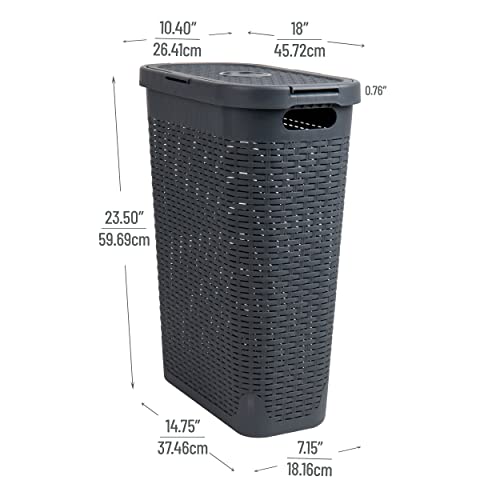 Mind Reader Slim Laundry Hamper with Lid, 40L Clothes Basket, Narrow Tapered Design with Ventilated Cutout Pattern, Plastic, Gray - color: Gray, size: Single