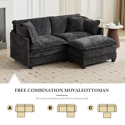 76.7” Oversized Black Loveseat Sofa, 2 Seater Large Sectional Couches for Living Room, Chenille Fabric Modular Sectional Sofa with 1 Ottoman, Deep Seat Home Sofas Set, Love Seat Couches - color: Black, size: 2 Seater + 1 Ottoman