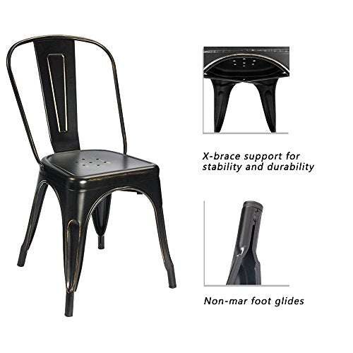 Devoko Metal Indoor-Outdoor Chairs Distressed Style Kitchen Dining Chairs Stackable Side Chairs with Back Set of 4 (Black Gold) - color: Black Gold