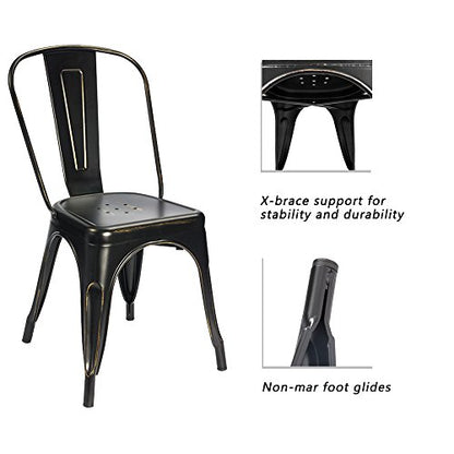 Devoko Metal Indoor-Outdoor Chairs Distressed Style Kitchen Dining Chairs Stackable Side Chairs with Back Set of 4 (Black Gold) - color: Black Gold