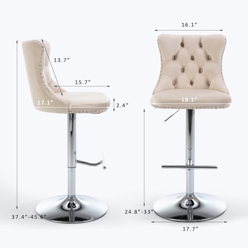 Velvet Bar Stool Set of 2, Adjustable Swivel Bar Stools with Silver Plated Metal Leg, Button Tufted, Footrest, Chrome Nailhead, Counter Height Chair for Kitchen, Bar, Dining Room (Beige) - color: Beige-silverr Leg, size: Set of 2