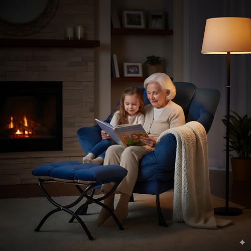 Lazy Chair with Ottoman, Comfy Accent Reading Chair, Velvet RoyalBlue | Foldable Footrest,Removable Cover,with Armrests and Side Pockets,Upholstered Lounge Chair for Bedroom,Dorm,Office,Small Space - color: Velvet Royalblue