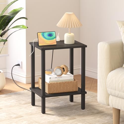 TUTOTAK End Table with Charging Station, Side Table Set of 2, Nightstand | 2-Tier Storage Shelf, Bedside Table with USB Ports, Sofa Table for Small Space, Livingroom, Bedroom Black TB01BK041 - color: Black
