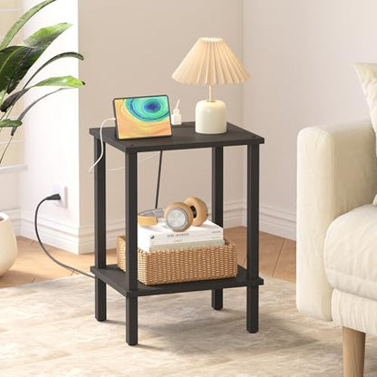 TUTOTAK End Table with Charging Station, Side Table Set of 2, Nightstand | 2-Tier Storage Shelf, Bedside Table with USB Ports, Sofa Table for Small Space, Livingroom, Bedroom Black TB01BK041 - color: Black