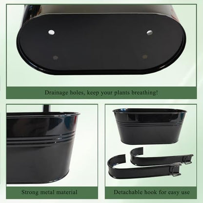 10" Metal Hanging Planter for Railing with Detachable Hooks, Black, 2 Pcs | Removable hook, Drainage hole, Rustproof, For flowers / herbs / succulents, veggies, For railings / fences / balconies - color: Black
