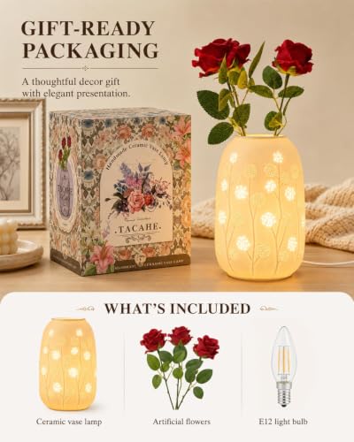 Ceramic Vase Table Lamp - 2700K Bulb & 3 Artificial Flowers Included | Handmade Openwork Craft - Inline Switch - E12 Socket - Dandelion 9" - style: Dandelion