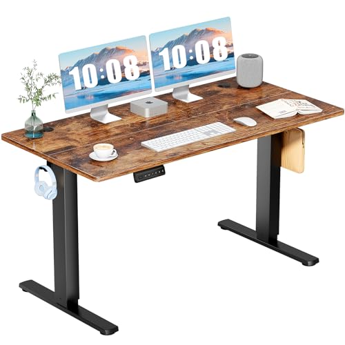 DUMOS 55 Inch Electric Standing Desk, Memory Adjustable Home Office Desk | Sit Stand Up Desk for Work Home Office,Adjustable Desk, Rising Computer Table with Splice Board,Cable Management,Hook,Brown - color: Rustic, size: 55-Inch