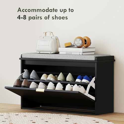 HOMCOM Narrow Shoe Bench with Padded Cushion 31.5x10.2x18.7 Inches Black | Shoe Storage Cabinet, Flip-Drawer, Adjustable Shelf, Small Entryway Bench, Holds up to 265lb - color: Black, size: 31.5" x 10.2" x 18.7"