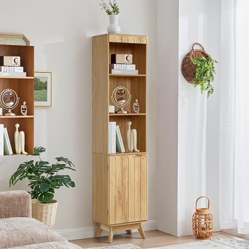 Turtle&Myrtle Tall Narrow Bookshelf, Mid Century Modern,Natural | Skinny Fluted Book Shelf with Door, Slim Open Display Shelves for Small Space, Tall Thin Bookshelf with Adjustable Shelves - color: Natural-door, size: 11.8"D x 15.75"W x 71"H