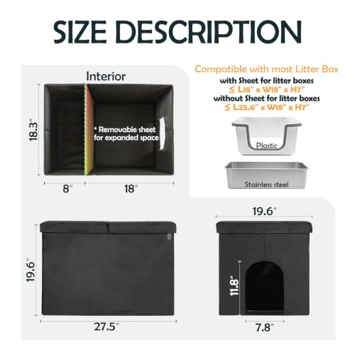 MEEXPAWS Cat Litter Box Enclosure Furniture XL Velvet Lift Design Lid | Large Hidden Cat Washroom Bench Ottoman, Storage Cabinet Dog Proof,Urine Proof, Easy Clean, Quick Assembly,Black - color: Black, size: XL 25.6''x W17.7'' x H17.7''