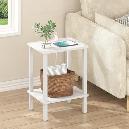 TUTOTAK End Table with Charging Station, Side Table Set of 2, Nightstand | 2-Tier Storage Shelf, Bedside Table with USB Ports, Sofa Table for Small Space, Livingroom, Bedroom White TB01BW041 - color: White