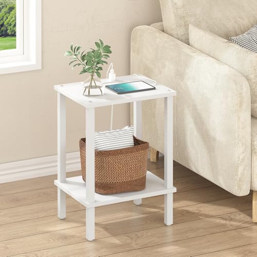 TUTOTAK End Table with Charging Station, Side Table Set of 2, Nightstand | 2-Tier Storage Shelf, Bedside Table with USB Ports, Sofa Table for Small Space, Livingroom, Bedroom White TB01BW041 - color: White