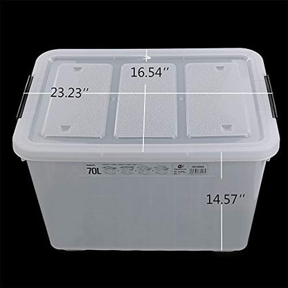 4-Pack 70 L Large Clear Storage Boxes, Plastic Latching Boxes | Extra Large Capacity, Secure Latch Lock Lids, Smooth Rolling Wheels, Multi-Purpose Storage Bin, for Closet Garage Basement - size: 70 L