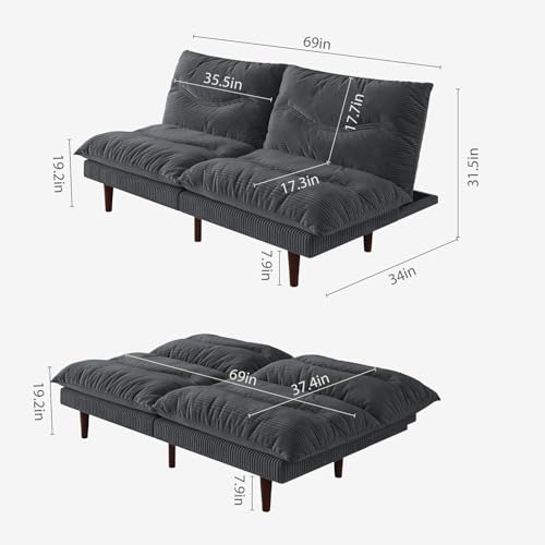 DreamDashio Futon Sofa Bed, 69 inch Futon Couch with Adjustable Backrest, Corduroy Convertible Sleeper Sofa Bed, Folding Sleeper Recliner for Apartment, Living Room, Office, Grey - color: Grey