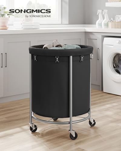 SONGMICS Laundry Basket, Rolling Steel Frame with 2 Locking Wheels, 190 L | Heavy-Duty Laundry Hamper Cart with Removable Bag, Ink Black and Metallic Silver, URLS001B01 - color: Ink Black + Metallic Silver, size: 190 L (1-Section)