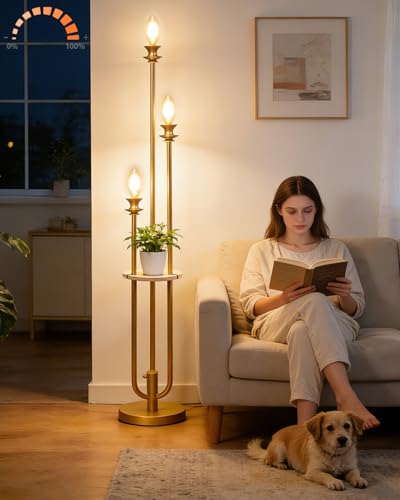 Lightdot Gold Dimmable Floor Lamp with Table Modern Floor Lamps for Living Room 3000K Warm Lights Tall Standing Lamp with Candle Bulb Included with 5Lbs Heavy Base for Bedroom/Sofa Beside/Corner Decor - color: 3 Candle-Gold