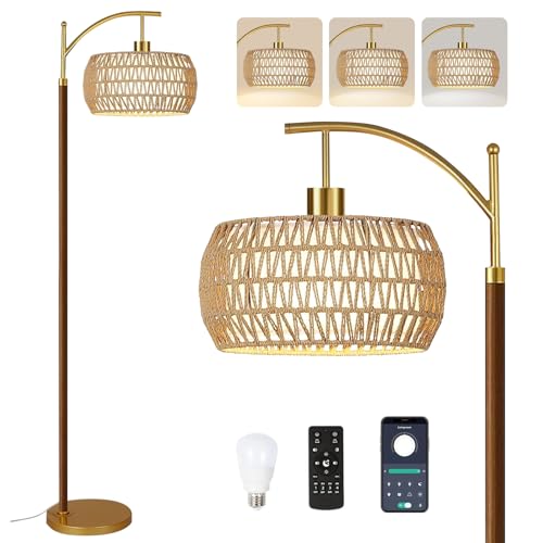 ILLMTW Boho Floor Lamp for Living Room,Bedroom,Rattan Standing Lamp with Remote Dimmable,Wood Vintage Mid Century Modern Gold Tall Lamp Wicker Lamp Shade Floor Lights Bohemian Tiffany Style - size: 7-Floor Lamp