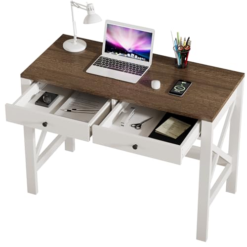 ChooChoo 40 Inches Farmhouse Computer Desk with 2 Drawers | Wooden Writing Desk, Study Desk for Home Office, Makeup Vanity, Soft White - color: Soft White, size: 40inch without Power Outlet