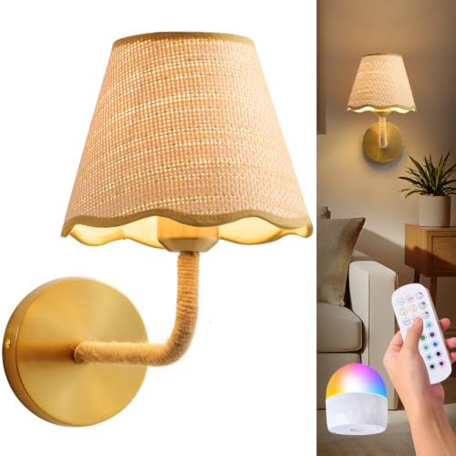 1 Pack Rattan Wall Sconces, Wall Light with Grass-Woven Lampshade for Bedroom Living Room Hallway Porch(PE001-RGB-5000 1 Pack) - size: 1-Pack