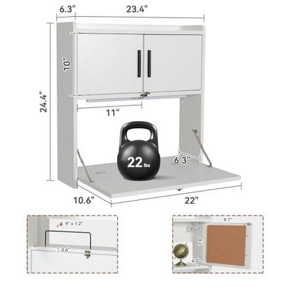 ARTETHYS Wall Mounted Desk Folding with Light Drop Down Hanging Desk | Multifunctional Fold Down Laptop Computer Table, Writing Workstation with Storage Compartments, Space Saving for Home - color: White