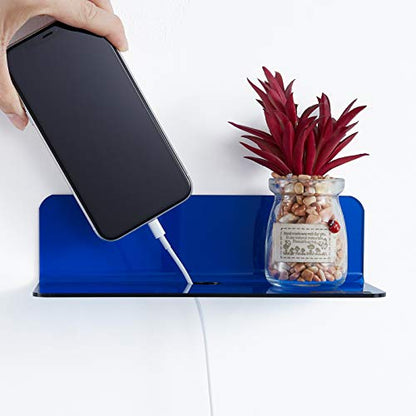 OAPRIRE Small Floating Wall Shelves Set of 2 - Personalize&Easily Expand Wall Space - 9 Inch Acrylic Wall Shelf for Bedroom, Gaming Room, Living Room, Bathroom, Office, with Cable Clips - Clear Blue | Strong Tape Adhesive Wall Shelf, Easy Installation, Ho