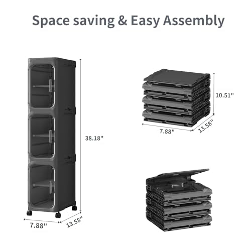 3 Tier Slim Bathroom Storage Cabinet, Foldable and Movable, Black | Tools Free, ABS and PET, Magnetic Clear Door, Adjustable Shelves, Lockable Wheels, Water Resistant, For Narrow Space - color: Black, size: 3 Tiers