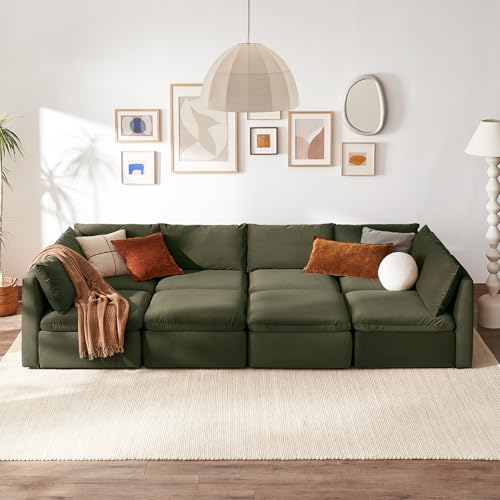 mopio Oversized Modular Sectional Sofa with Fully Removable Covers and Storage, Convertible U, L-Shaped and Sleeper Sectional, Modern Couches with Ottoman Chaise (Olive Green Velvet, 8 Seats, Sleeper) - color: [Gen 2] Olive Green Velvet, size: 8 Seats, Sl