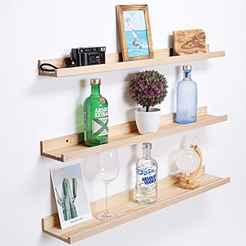 AZSKY 36 Inch Picture Ledge Shelf Solid Wood Large Floating Shelves Wall Mounted Rustic Natural Shelves for Home, Living Room, Bedroom, Bathroom, Office 3 Same Sizes - color: Natural, size: 36in set 3