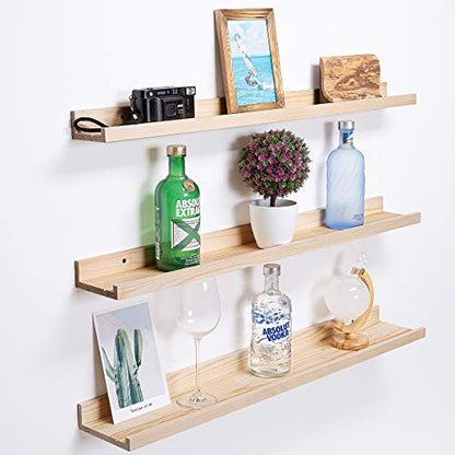 AZSKY 36 Inch Picture Ledge Shelf Solid Wood Large Floating Shelves Wall Mounted Rustic Natural Shelves for Home, Living Room, Bedroom, Bathroom, Office 3 Same Sizes - color: Natural, size: 36in set 3