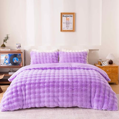 Fluffy Lavender Duvet Cover Full Set, Soft Shaggy Plush Rabbit Bedding Set 3 Pieces (1 Fuzzy Comforter Cover + 2 Faux Fur Pillow Cases)（Lavender, Full） - color: Lavender, size: Full
