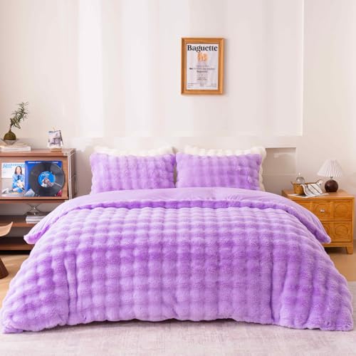 Fluffy Lavender Duvet Cover Queen Set, Soft Shaggy Plush Rabbit Bedding Set 3 Pieces (1 Fuzzy Comforter Cover + 2 Faux Fur Pillow Cases)（Lavender, Queen） - color: Lavender, size: Queen
