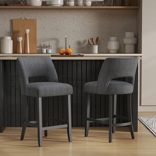 VKNOW Bar Stools Set of 2, 26" Upholstered Counter Height Bar Stools | Modern Counter Stools with Black Rubberwood Legs for Kitchen Island Dining Room Bar, Dark Grey-Black Legs - color: Dark Grey-black Legs, size: Set of 2