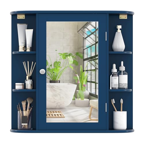 COSTWAY Medicine Cabinet with Mirror, Wall Mounted Bathroom Storage Cabinet | with Mirror Door and Adjustable Shelves, Space-Saving Storage Organizer for Living Room Kitchen Entryway (Blue) - color: Blue