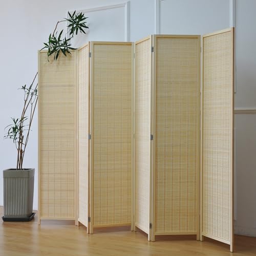 6 Panel Bamboo Room Divider – 5.6 ft Tall Folding Privacy Screen, Natural Beige Freestanding Room Partition Wall (67" H x 92.1" W, 6-Panel) - color: Beige, size: 6 Panel