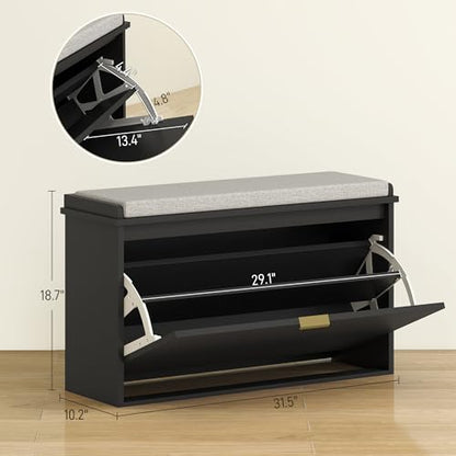HOMCOM Narrow Shoe Bench with Padded Cushion 31.5x10.2x18.7 Inches Black | Shoe Storage Cabinet, Flip-Drawer, Adjustable Shelf, Small Entryway Bench, Holds up to 265lb - color: Black, size: 31.5" x 10.2" x 18.7"