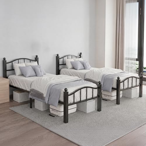 Metal Twin Bed Frames Set of 2 | Noise-Free Design, 12" Underbed Storage, Heavy Duty with Headboard, No Box Spring Needed, Tool-Free Assembly - color: Twin Set of 2 Black