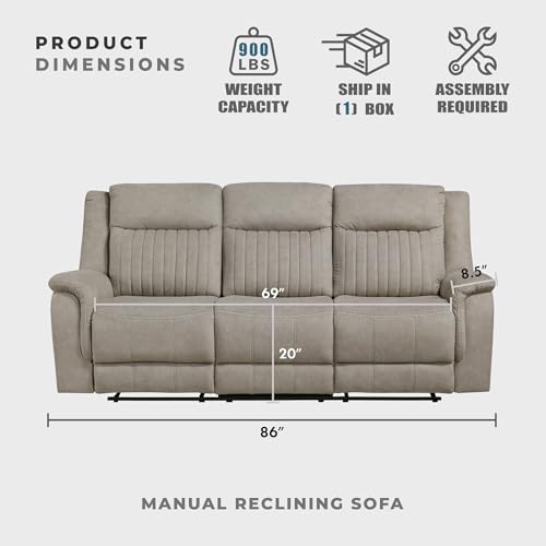Lexicon Polished Microfiber Wall Hugger Manual Double Reclining Sofa, Dove | 86"W Upholstered 3 Seater Manual Sofa Recliner for Living Room/Apartment, Tool Free Assembly - color: Dove, size: Reclining Sofa