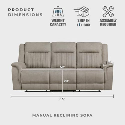 Lexicon Polished Microfiber Wall Hugger Manual Double Reclining Sofa, Dove | 86"W Upholstered 3 Seater Manual Sofa Recliner for Living Room/Apartment, Tool Free Assembly - color: Dove, size: Reclining Sofa