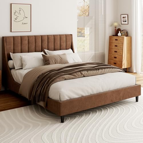 Queen Bed Frame with Headboard Velvet Platform Bed Channel Wingback | Brown Queen Size Upholstered Platform Bed Wood Slats, No Box Spring Needed, Noise Free, Easy Assembly, Mattress Foundation - color: Brown, size: Queen