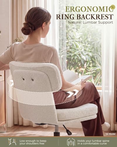 COMHOMA Vanity Chair with Ergonomic Curved Backrest, Home Office Desk Chair with Silent Wheel, Wide Seating Computer Chair for Girls Women Bedroom, Soft Teddy Fabric, White - color: White, Teddy Fleece