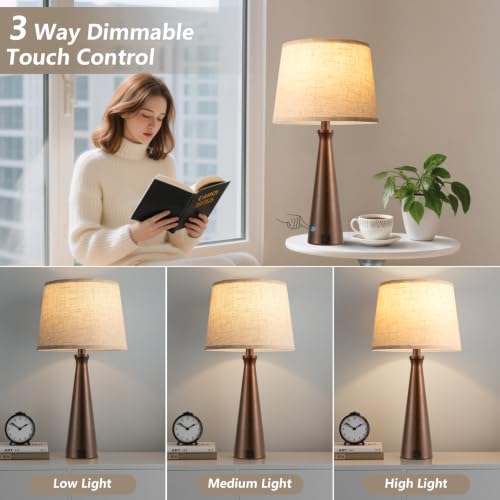 Modern Touch Lamps for Nightstand, 3 Way Dimmable Bedroom Lamp Set of 2 | USB C+A Charging Ports, Brown Bedside Lamps for Bedroom, Living Room, End Table, Bed Side, LED Bulb Included - color: I. Brown Base-Beige Shade