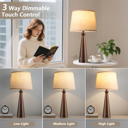 Modern Touch Lamps for Nightstand, 3 Way Dimmable Bedroom Lamp Set of 2 | USB C+A Charging Ports, Brown Bedside Lamps for Bedroom, Living Room, End Table, Bed Side, LED Bulb Included - color: I. Brown Base-Beige Shade